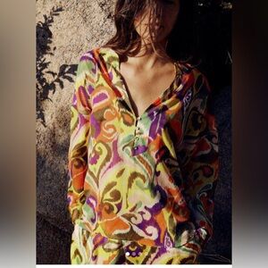 Zara Colorful Abstract Long Sleeve Shirt & Pants Set Small Resort Travel Blogger